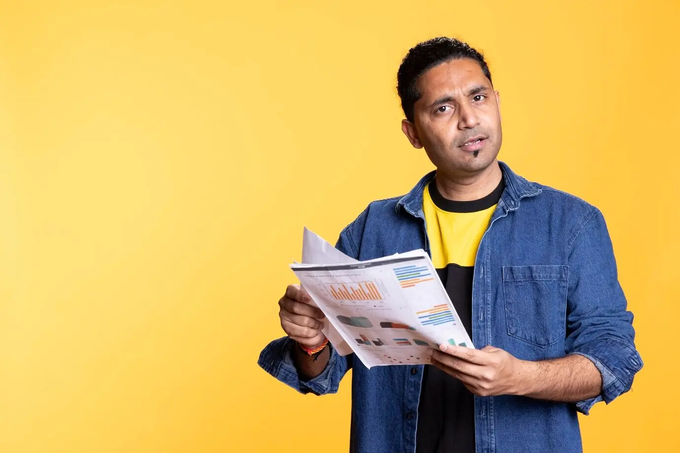 Уверенный индийский мужчина просматривает документы по финансовому аудиту в студии.